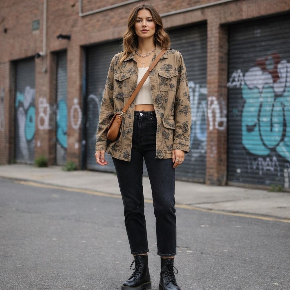 Signature8 Jacket Women's‎ M /L Distressed Oversized Floral Grunge Tan Black